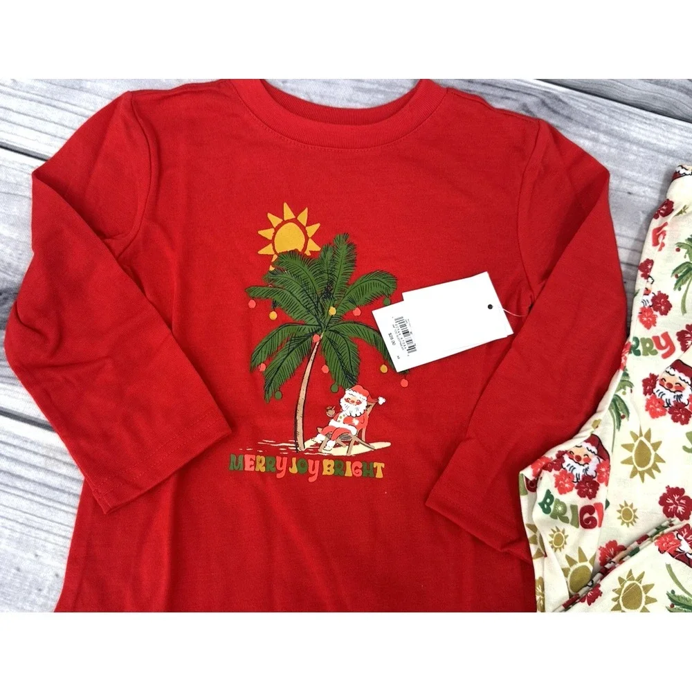 SANTA 0N HOLIDAY TROPICAL CHRISTMAS PAJAMAS SET Toddler Size 2T RED CREAM  NEW!!